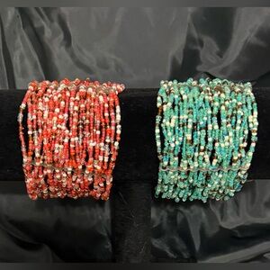 Bundle of Two Vintage 80s Beaded Cuff Bracelets - Coral & Turquoise